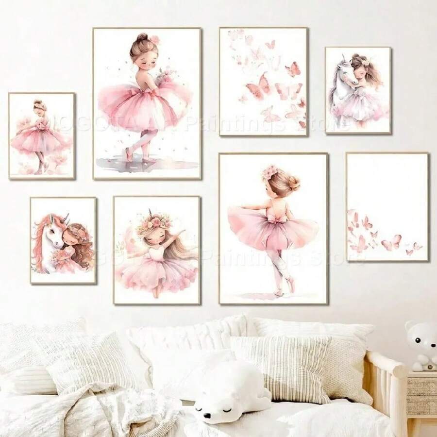 Pink Girl Unicorn Ballerina Butterfly Nursery Wall Art Canvas Painting