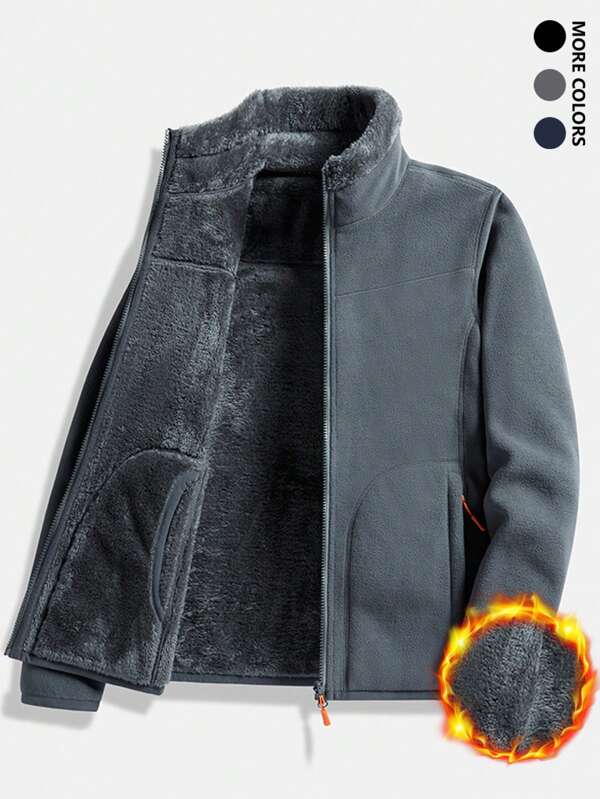 Men's Warm Fleece Jacket, Thick Plush Casual Loose Stand Collar Coat, For Autumn & Winter