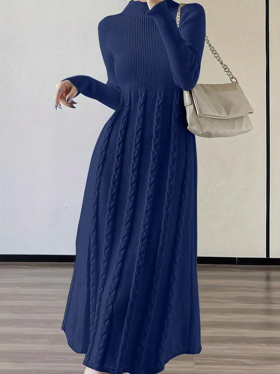 Đầm Maxi Len Dệt Kim Cổ Cao Phong Cách Hồng Kông Tối Giản Thanh Lịch Cho Nữ - Xanh đậm - Xem 1