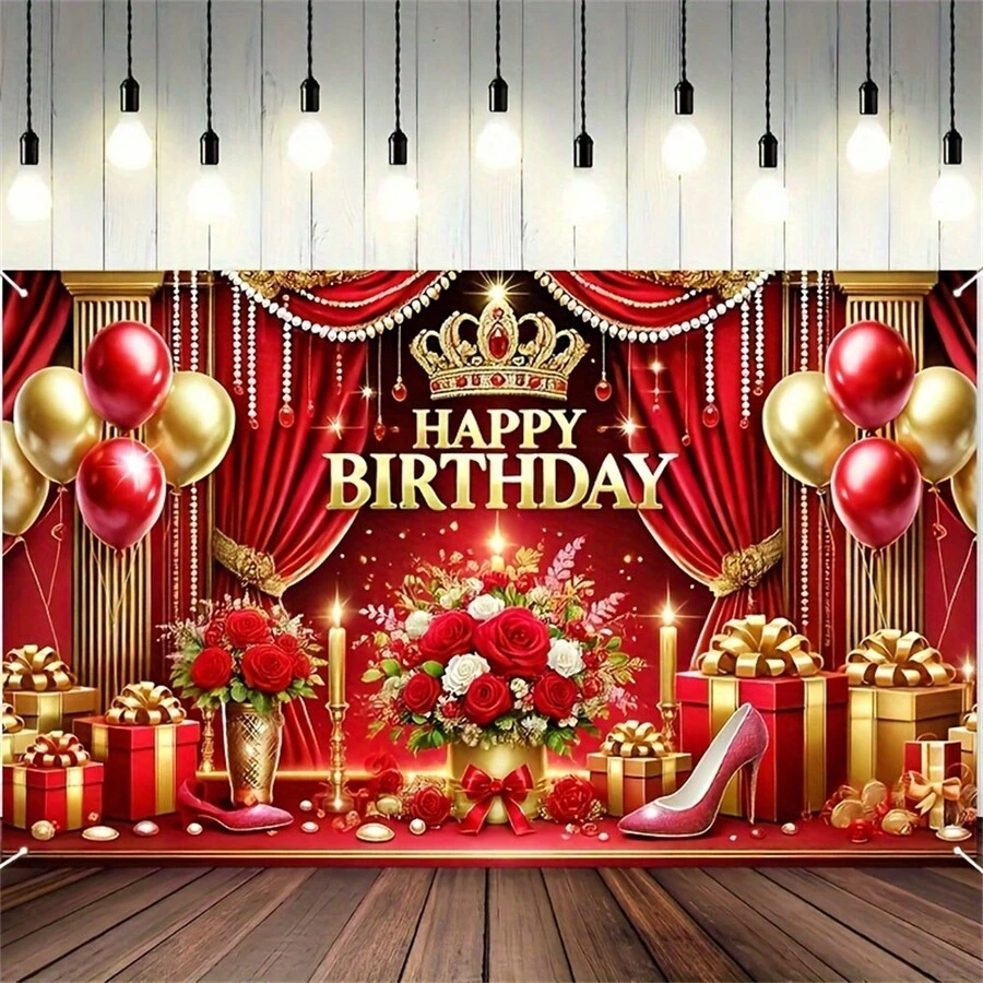 奢华的红色和金色生日装饰：适合派对场景和节日庆祝活动 - 70.86x43.3 英寸摄影工作室道具 - 彩色 - 查看 1