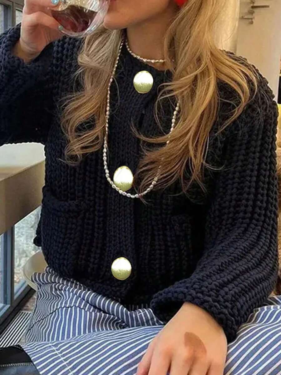 Women's Fashion Button-Up Long Sleeve Cardigan Soft Knitted Sweater - Black - View 1