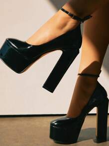 Zapatillas de recubierto punta cerrada, tacón alto, pulsera ajustable, zapatos de tacón alto con plataforma para mujer, tacón grueso, - Negro - Ver 2