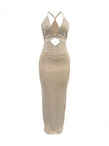 Hollow Out Bodycon Cut-Out Spaghetti Strap Rhinestone Dress, Semi Formal Prom Dress, For Birthday, Wedding Guest, Graduation Homecoming, Party Dress Spring Vacation - Apricot - View 7