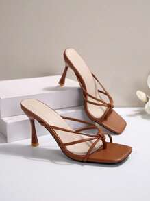 French Style Breeze Sandals, Summer Open Toe Slip-On Square Toe Chunky Heel Sandals For Women To Pair With Dresses - Brown - View 4