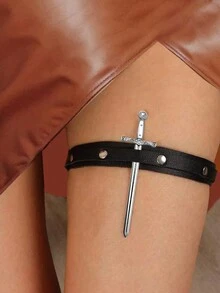 1pc Women Black Harness Belt Sword Prop Decor PU Leather Leg Ring Thigh Band Steampunk Baddie Outfits Night Out Costume Accessory