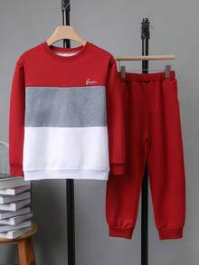 2 Stücke Set 2024 für Tween-Jungen, Farbblock-Stickerei, Buchstaben, lockeres, lässiges Sweatshirt mit Rundhalsausschnitt + bequeme Hose, 2 Stücke Outfit