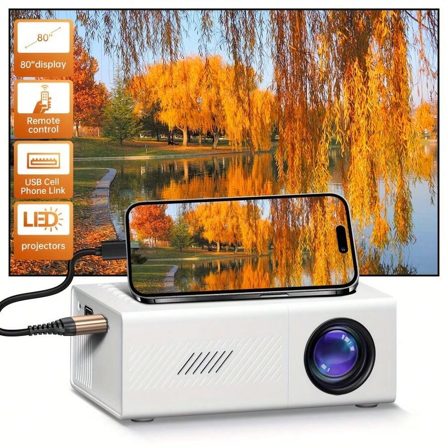 有线同屏投影仪，小巧便携，随时随地享受，适合派对、家庭影院、办公室、宿舍，3000流明，支持1080P，可与USB/AV/HD配对