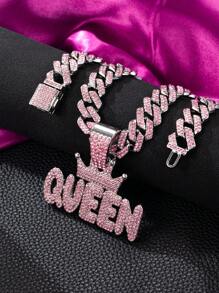 1set Women's Pink Rhinestone Studded Hip Hop Nightclub Style Letter Crown "KING" "QUEEN" Pendant Necklace Jewelry Set, Personalized Crown Design With Sparkling Crystals, Suitable For Daily Wear And Party Accessories