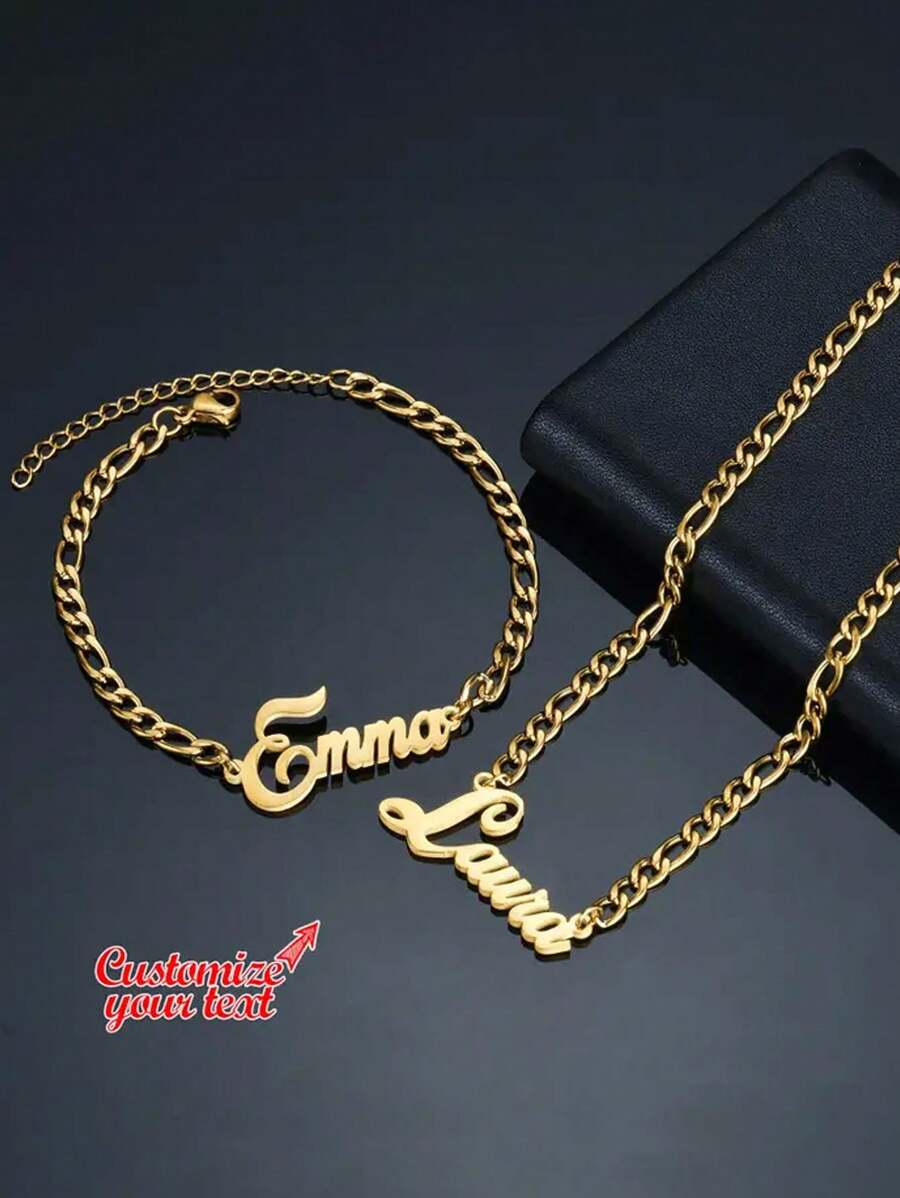 1 Stück Individualisiertes 2-in-1 Edelstahl Namensschild Halskette & Armband Set - Personalisierter Schmuck für Geburtstag, Abschluss und Rockparty, Gold, Stilvolle, Farbige, Vintage, Unisex, Hipster, Einfach, Lässig, Individuell, Personalisiert, Einzigartig, Ideale Geschenke für Ihn, Ideale Geschenke für Sie, Sie, Freund, Freundin, Vater, Mutter, Familie, Freunde, für Jahrestage, für Geburtstage, für Abschluss, für Abschlussball, für Partys, Schmuck Damen, Elegantes Outfit, Schicker Herbst, Schmuck & Uhren, Individualisierte Mode Wort Halsketten