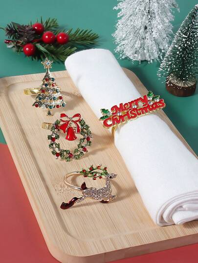 4 pièces/Set Anneaux de serviette de Noël ornés de pierres de couleur avec cerf, lettre de Noël, étoile de strass, arbre de Noël. Décoration pour le cadeau de fête de Noël, table de mariage