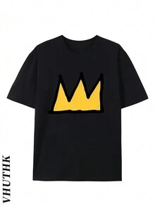 (220 Pure Cotton T-Shirt)   Men's Summer Round Neck Short Sleeved Casual Pure Cotton  Little Crown - màu đen - Xem 2