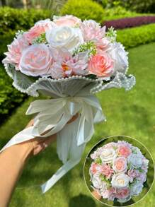 1朵新娘婚禮花束，象牙白新娘花束，人造花婚禮花束，帶絲帶伴娘花束，情人節，裝飾珍珠蕾絲網玫瑰花束