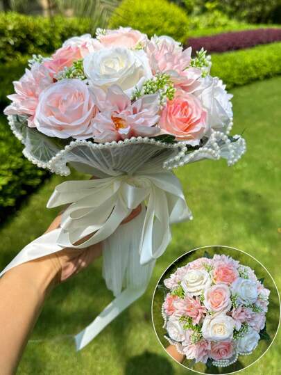 1PC Wedding Bouquets For Bride, Ivory White Bouquets For Bride, Artificial Flower Bouquet For Wedding, Bridesmaid Bouquets With Silk Ribbon, Valentine's Day, Decoration Pearl Lace Mesh Rose Bouquet