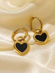 RAYQUEEN 1 Pair Stainless Steel Double-Sided Heart Pendant Earrings, Suitable For Daily Wear - Yellow Gold - View 5