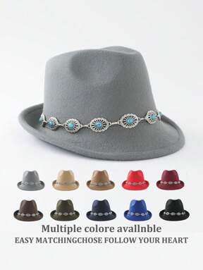 1 pieza Sombrero de fieltro de unicolor de poliéster en estilo vintage retro bohemio casual, Sombrero Fedora suave, con decoración de metal, versátil para moda de uso diario