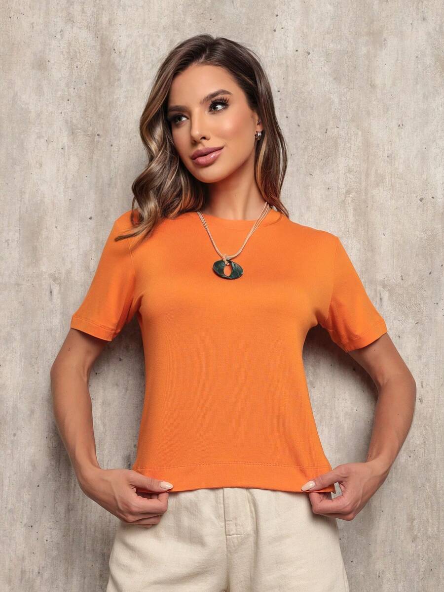 Dellamarca Women's Short Sleeve Blouse. Comes With A Free Necklace. Comfortable Fabric - 橘色 - 查看 1