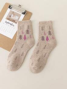 5 双女式秋冬可爱松鼠和松树图案保暖内衬中筒袜，适合日常、休闲、居家和睡眠使用 - 彩色 - 查看 6