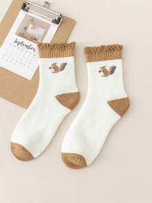 5 双女式秋冬可爱松鼠和松树图案保暖内衬中筒袜，适合日常、休闲、居家和睡眠使用 - 彩色 - 查看 8