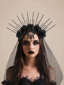 1 buc. Scrunchie cu trandafiri din plasă neagră de Halloween Diavolul Mireasă Accesoriu pentru păr Cerc de păr, bentita de păr coroană gotică pentru petrecerea de vacanță