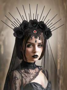 1 buc. Scrunchie cu trandafiri din plasă neagră de Halloween Diavolul Mireasă Accesoriu pentru păr Cerc de păr, bentita de păr coroană gotică pentru petrecerea de vacanță
