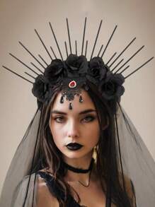1 buc. Scrunchie cu trandafiri din plasă neagră de Halloween Diavolul Mireasă Accesoriu pentru păr Cerc de păr, bentita de păr coroană gotică pentru petrecerea de vacanță