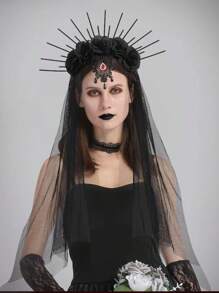 1 buc. Scrunchie cu trandafiri din plasă neagră de Halloween Diavolul Mireasă Accesoriu pentru păr Cerc de păr, bentita de păr coroană gotică pentru petrecerea de vacanță