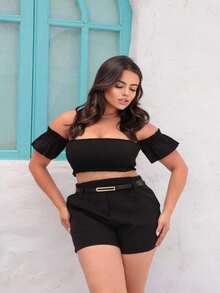 Women's Tailored Shorts With Synthetic Belt - 黑色 - 查看 3