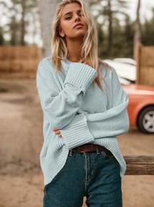 Women's Sweater Solid Color Oversized Crewneck Long Sleeve Fuzzy Knit Casual Chunky Warm 2024 Fall Pullover Loose Sweaters Top Outfits - Màu xanh nhạt - Xem 4