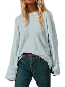 Women's Sweater Solid Color Oversized Crewneck Long Sleeve Fuzzy Knit Casual Chunky Warm 2024 Fall Pullover Loose Sweaters Top Outfits - Màu xanh nhạt - Xem 1