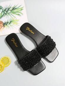 女士单趾水钻装饰凉鞋，休闲一脚蹬塑料平底拖鞋，适合夏季户外 - 黑色 - 查看 5
