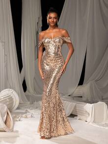 Vestido de noche con hombros descubiertos, bajo con abertura de cola de sirena y detalles de lentejuelas. Vestido formal para baile de graduación, invitada de boda, cena y eventos - Champán - Ver 7