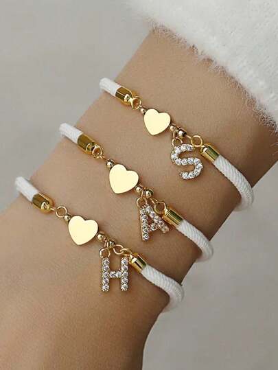 新款时尚心形字母吊坠手链，女士可调节编织水钻A-Z多色手链，女士珠宝礼物，情人节，母亲节