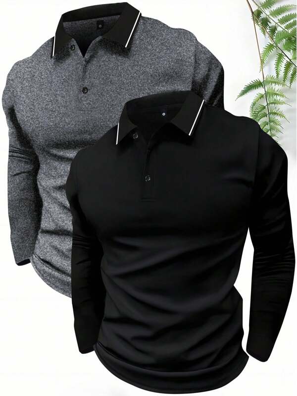 2pcs Men's Polo Collar Long Sleeve T-Shirt, Casual Vintage Style For Spring & Autumn, Daily Wear, Lightweight For Outdoor, Sports, Casual Business