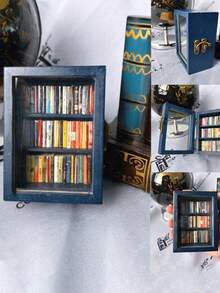 1pc（书架+60本随机书）木制口袋焦虑书架创意抗焦虑书架减压小工具迷你书柜礼物 - 彩色 - 查看 4