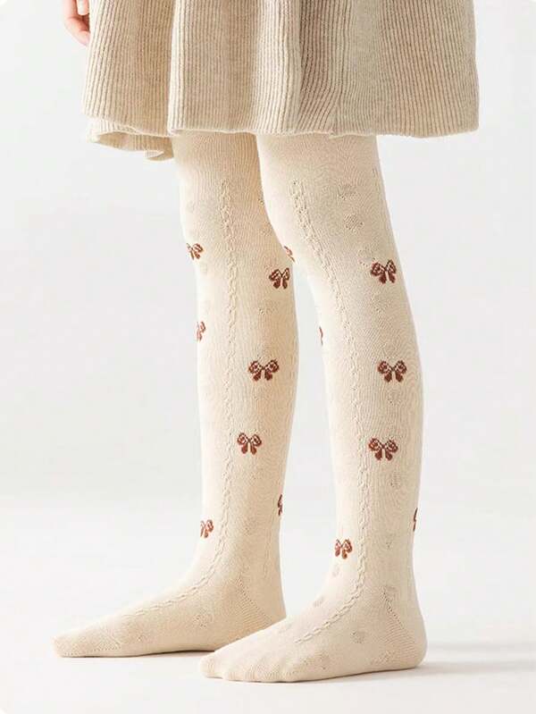 1 Pc Children's Autumn Winter Solid Color Leggings Princess Dance Pants Student Sports Sweat Absorption Breathable Thin Girls' Pantyhose Coffee Color Bow Pattern