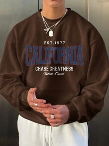 Men's Letter Printed Round Neck Casual Sweatshirt - Coffee Brown - View 1