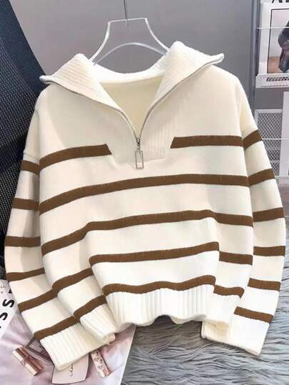 New Autumn/Winter Women Striped Zipper Turtleneck Sweater, Fashion Minimalist Pullover Classic Style,Long Sleeve Tops