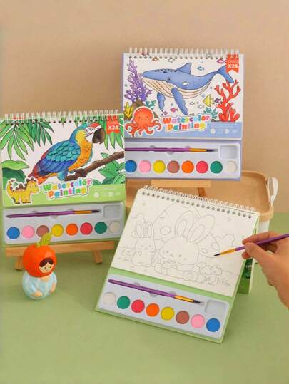 1 pieza Juego de pintura de color sin desempaquetar que incluye 24 tarjetas de acuarela, papel de acuarela, suministros de pintura de acuarela, regalos para amantes del arte, adecuados para Año Nuevo, fiestas, regreso a la escuela, Navidad, Halloween. Libros para colorear con acuarelas a prueba de manchas para niños de 4 a 8 años, actividades de viaje, artículos para fiestas, regalos de cumpleaños para niños y niñas.