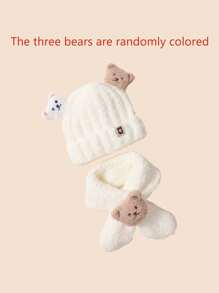 1/2 件毛绒婴儿帽子和围巾套装，超可爱卡通熊设计女孩新生儿，加厚防风，适合秋冬季 - 彩色 - 查看 28