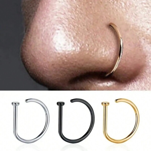 3pcs Stainless Steel D-Shaped Nose Ring Fake Nose Piercing Jewelry