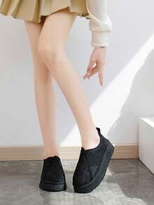 2024冬季INS毛绒妈妈鞋高帮厚底一脚蹬靴女韩版百搭学生鞋保暖休闲雪地靴居家拖鞋 - 黑色 - 查看 3