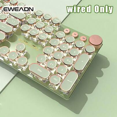 EWEADN Punk Typewriter Mechanical Gaming Keyboard, All-Metal Panel 104Keys Wired Retro Punk Round Keycaps With LED Backlit USB Wired Keyboards, Multimedia Knob, Ergonomic Design For Game And Office, For Windows Laptop PC Green Peripherals