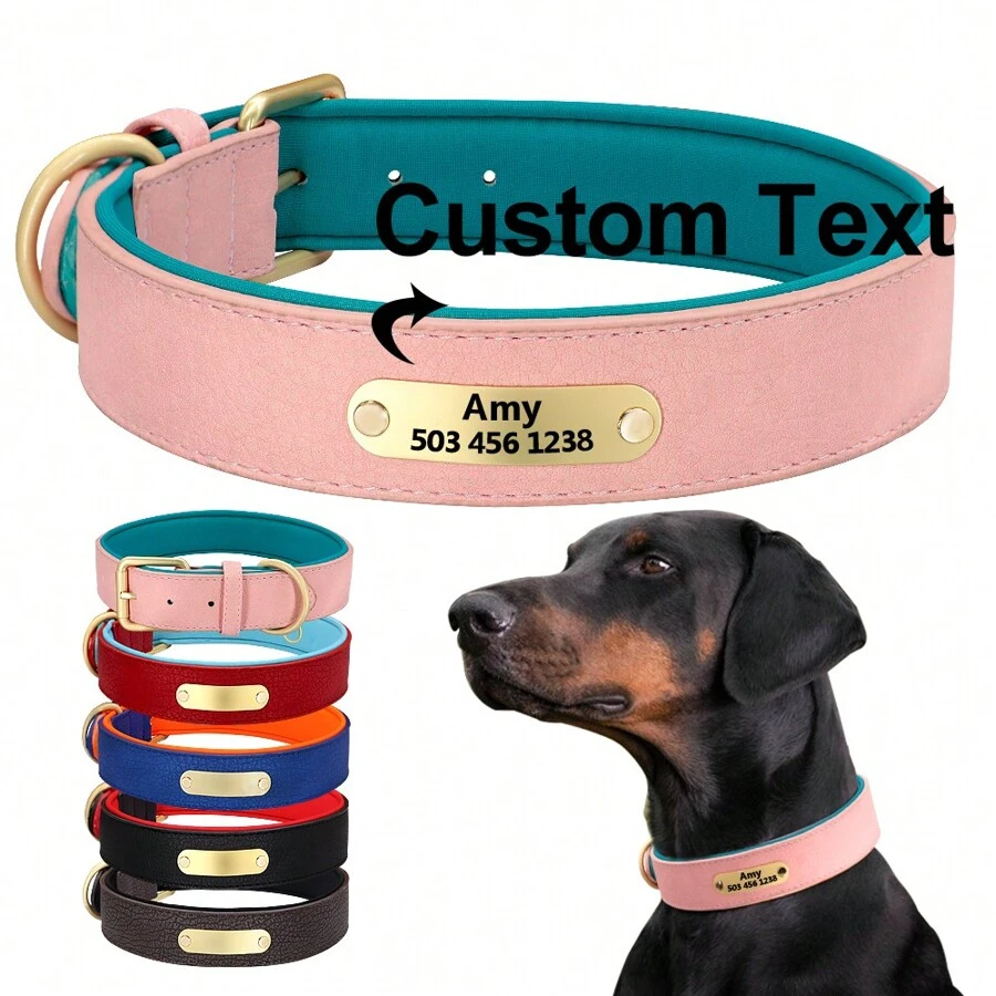 Customized PU Leather Engraved Pet Collar, Adjustable For Small, Medium