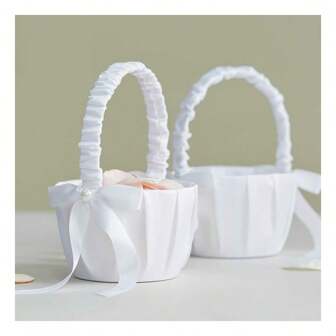1pc/2PCS Wedding Flower Baskets, Satin Bowknot Flower Baskets Pearl Collection - White(Small Flower Basket) ﻿,Christmas
