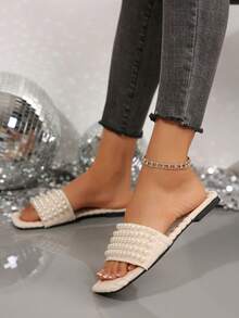 New Comfy Square Toe Pearl Decor High Platform Fluffy Slide Sandals For Plus Size Ladies, Casual Fashion Beach Summer Shoes