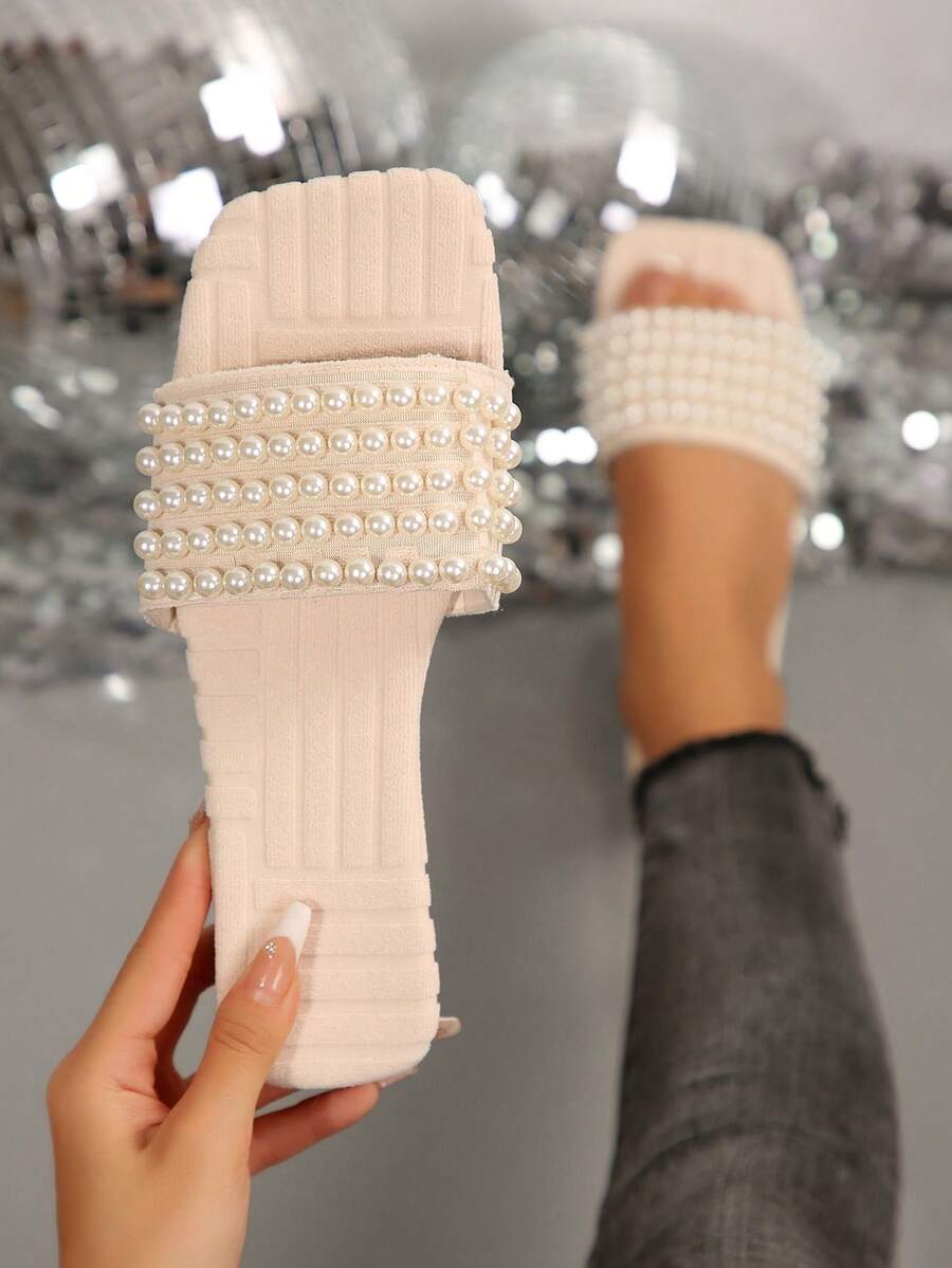 New Comfy Square Toe Pearl Decor High Platform Fluffy Slide Sandals For Plus Size Ladies, Casual Fashion Beach Summer Shoes