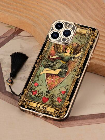 1 st svartpläterad ängeldesign anti-fall telefonfodral och 1 st svart tofs emaljhänge, kompatibel med IPhone/matchande/hållare/cool/Android/Samsung/Xiaomi/Oppo/kompatibel med Apple 15PRO MAX/Samsung A14/A54/A52/A31 4 /A23/Redmi Note 8 Pro/Note 11 Pro 4G/Note 12 4G/OPPO A54