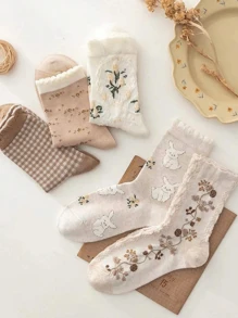 5 Pairs Socks Female Spring/Autumn Literature And Art Tubular Socks Japanese Autumn And Winter Thickened Retro Girls' Ins Socks