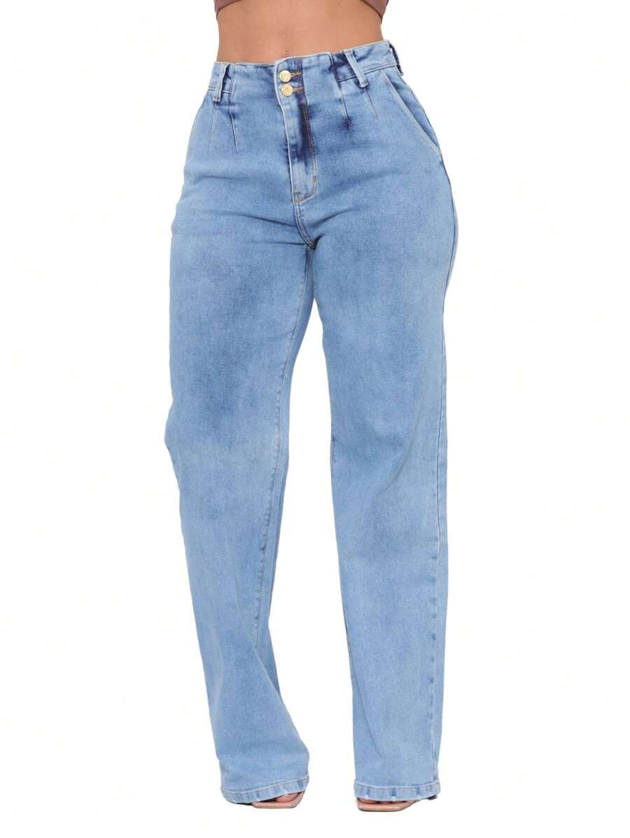 Women's Wide Leg Dark Straight Jeans - 淺色水洗藍 - 查看 1