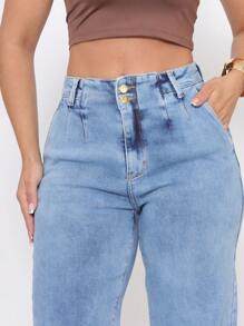 Women's Wide Leg Dark Straight Jeans - 淺色水洗藍 - 查看 3